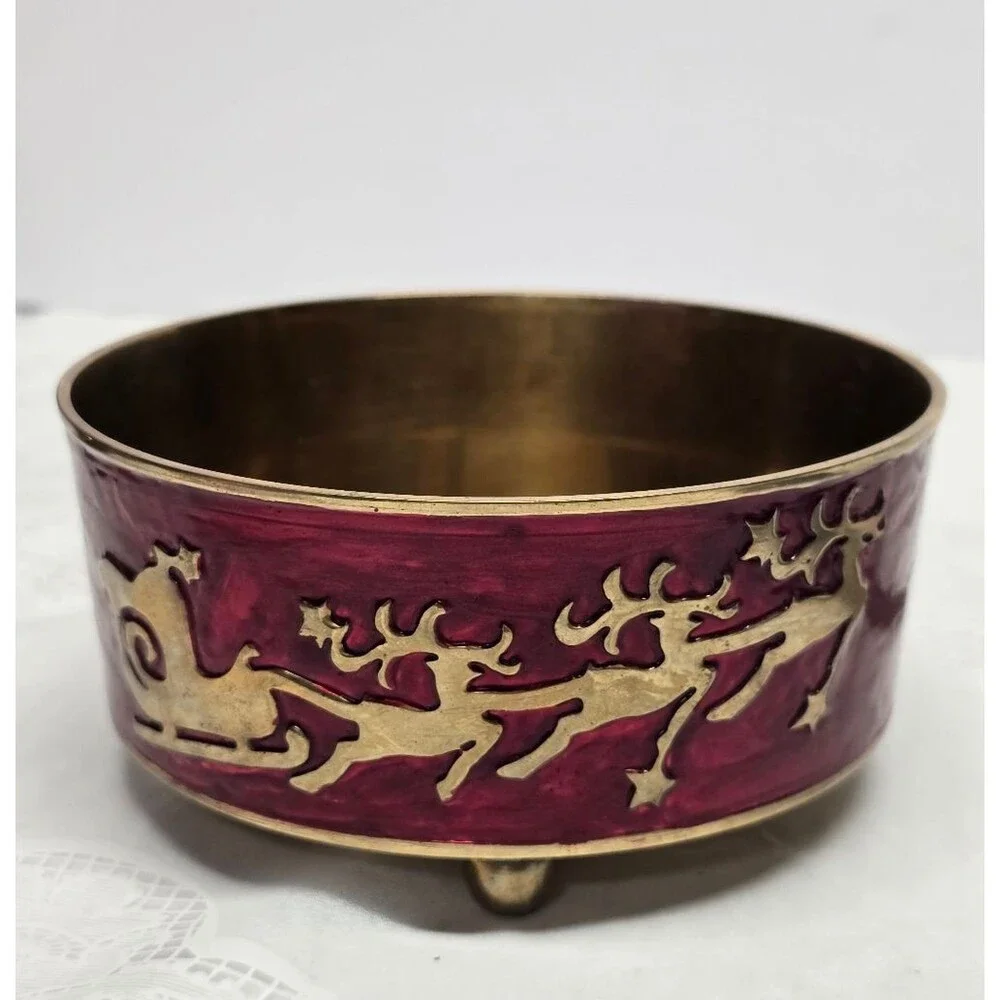 Vintage Santa's Reindeers Sleigh Christmas Brass Footed Bowl Wine Bottle Holder